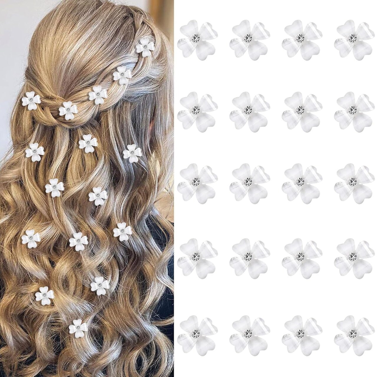 20Pcs Mini White Flower Hair Clips with Rhinestone Cute Hair Pins